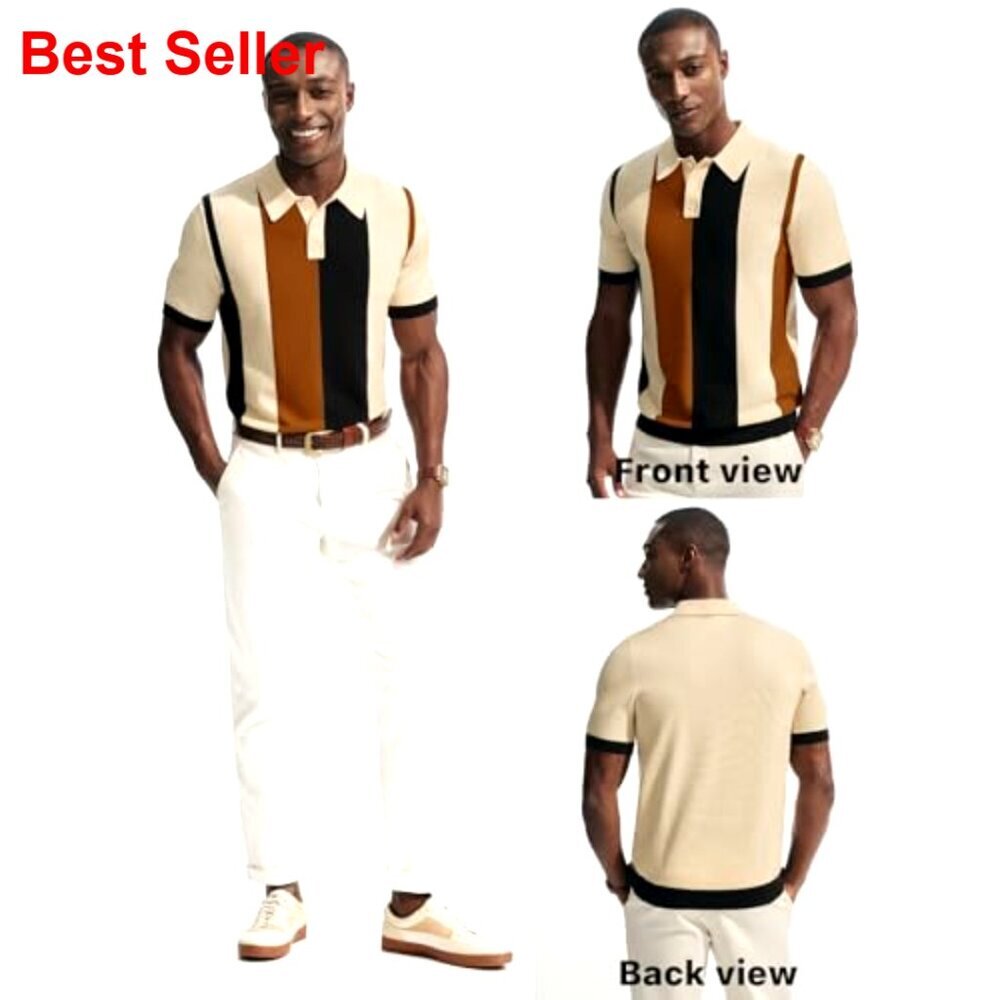 Vintage Striped Knit Polo Shirt Short Sleeve Casual Golf Summer - Picture 2 of 7